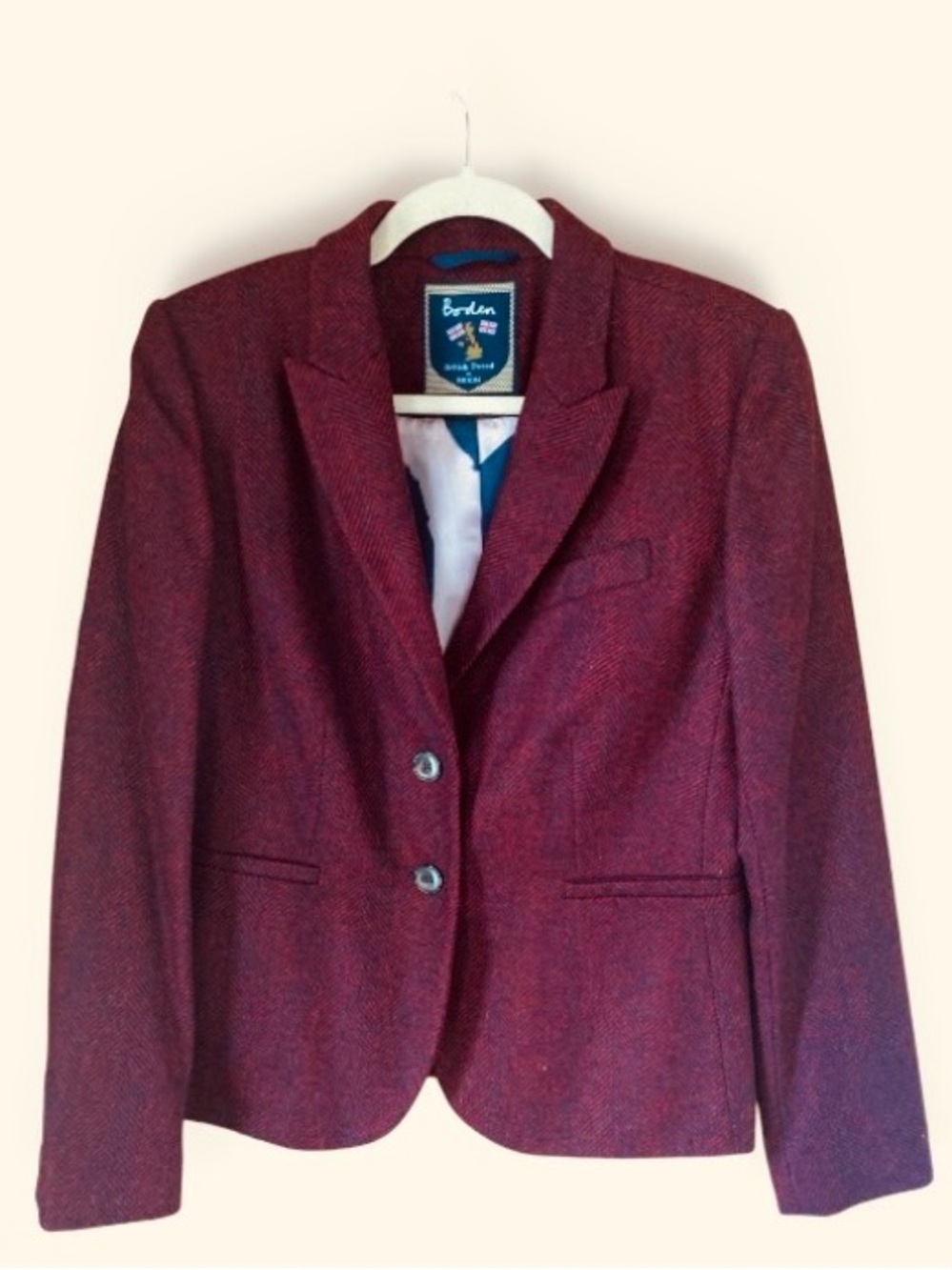 NWOT Boden Women British Tweed Wool Blazer Jacket Burgundy Herringbone Size 14R